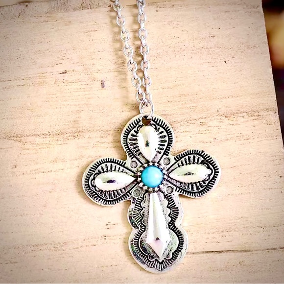 New Sterling Silver Handmade Natural Turquoise Religious Catholic Cross Necklace - Picture 3 of 14
